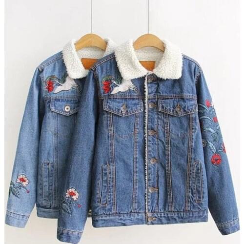 Winter Women Embroidery Lamb Wool Warm Denim Coat Vintage Casual Single Breasted Lapel Thicken Fleece Cashmere Jeans Jacket Tops