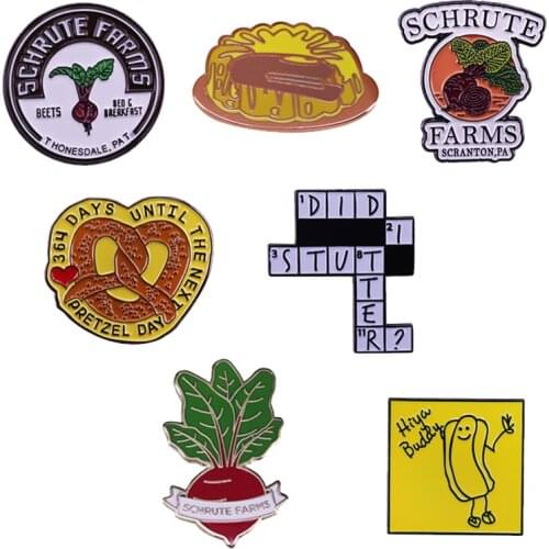 The Office Inspired Lapel Pin Schrute Farms Beets Pretzel Day Hot Dog Jello Badge Great TV Show Fans Addition