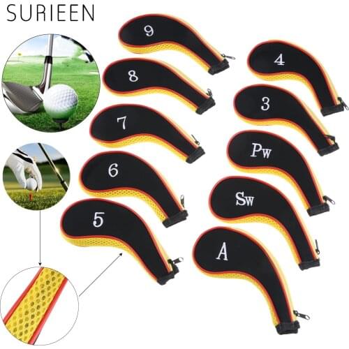 10 Pcs Neoprene Golf Club Head Covers Golf Iron Headcover Protect Set Number Printed With Zipper Headcovers For 3-9 Irons Wedges