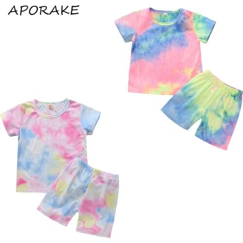 2021 1-7Y Smmer Kids Baby Clothing Tie Dye Print Short Sleeve T-shirt Top+Shorts Soft Loose Cotton 2pcs Set For Boys Girls