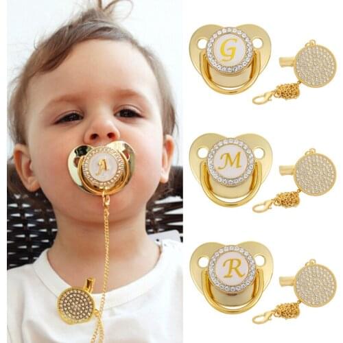 26 Letter Luxury Transparent Initial Rhinestones Baby Pacifier with Chain Clip Newborn BPA Free Dummy Soother Chupete de bebe