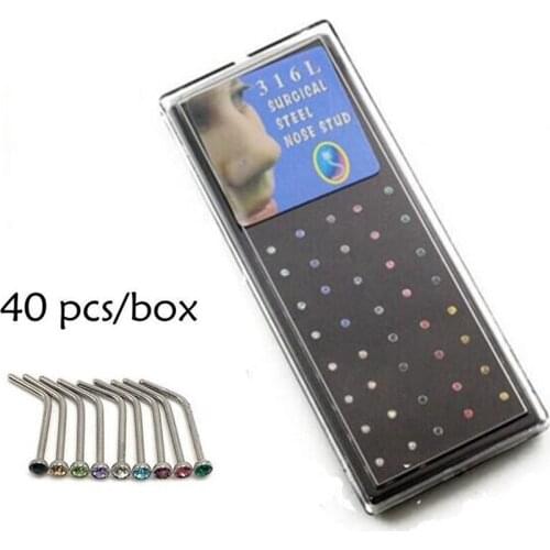 40Pcs/Box Mixed L-shape Nose Stud Stainless Steel Nose Lip Piercing Nariz Ring 1.8mm Clear Zircon Nostril Piercings Body Jewelry