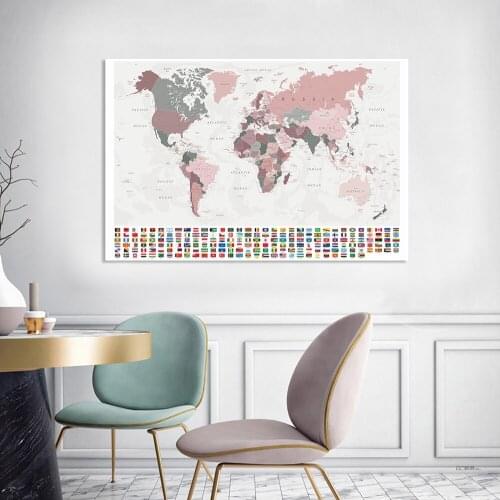 5*3 Feet Political Map of The World with National Flags Canvas Painting Vintage Wall Art Poster School Supplies Home Decor