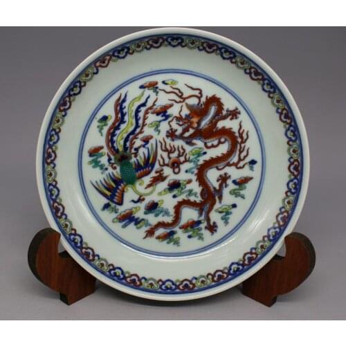 Antique QingDynasty porcelain plate,Pastel dragon & phoenix , Hand- Painted crafts,Decoration,collection&Adornment,Free shipping