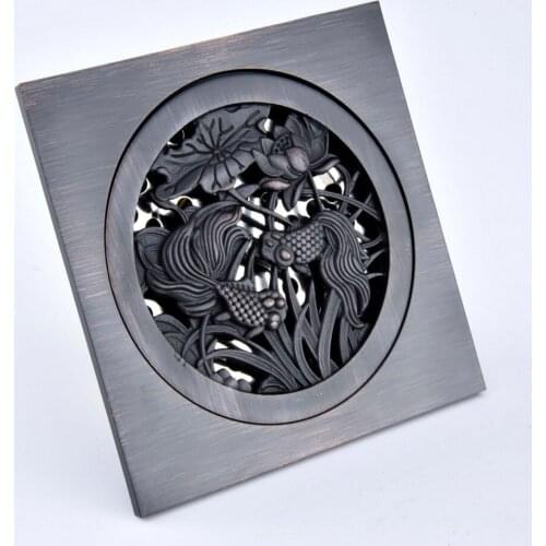Black Oil Rubbed Bronze Carved Flower Pattern Bathroom Shower Drain 4" Square Floor Drain Waste Grates ahr089