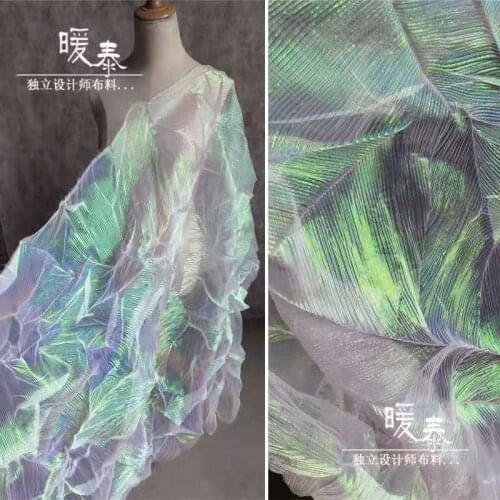 Transparent Pleated Tulle Fabric Pink Green Gradient Miyake Style Folds DIY Patchwork Decor Skirt Wedding Dress Designer Fabric