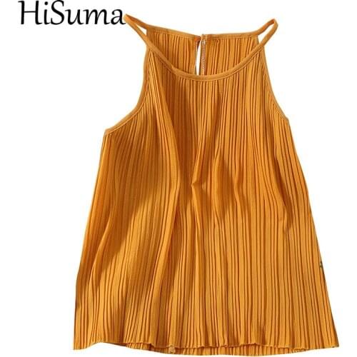 HISUMA Summer Halter Sleeveless Women Basic Striped Chiffon Shirt Elegant Lady Elastic Slim Pleated Pullover Strap Blouse Tops