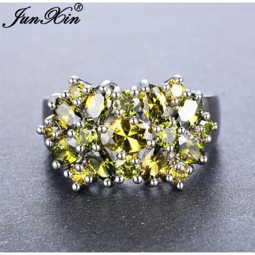 JUNXIN Fashion Female Peridot Flower Zircon Ring Luxury White Gold Filled Crystal Jewelry Vintage Wedding Rings For Women