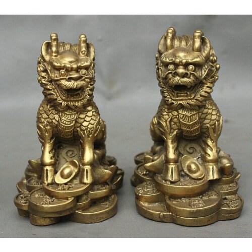 China Brass Wealth Money Dragon Kylin Chi-lin Unicorn Beast Statue Figurine Pair