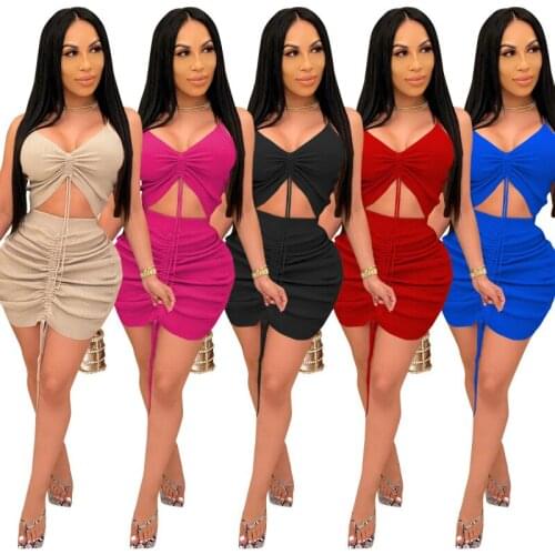 Two Piece Women Solid Sheath Drawstring Draped Set Sleeveless Crop Top High Waist Mini Skirt Female Sexy Fashion Party Outfits