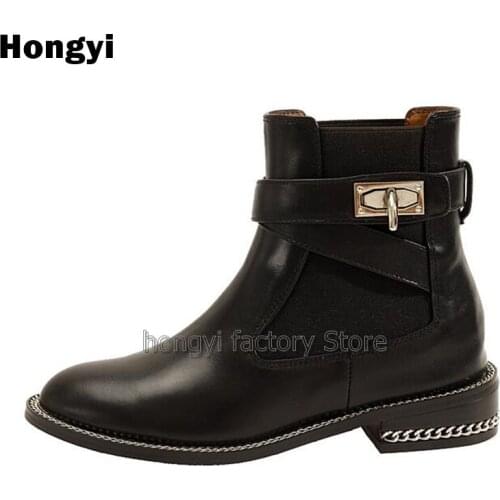 Fashion Ankle Short Boots New Zipper Martin Botas Metal Buckle Chain Flats Casual Winter Women Shoes Round Toe Bota Feminina