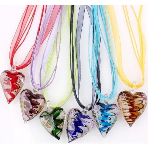 Fashion Wholesale lots 6pcs handmade Murano Lampwork Glass Mixed Color Inside Rose Flower Pendants Silk Cords Necklace necl0029