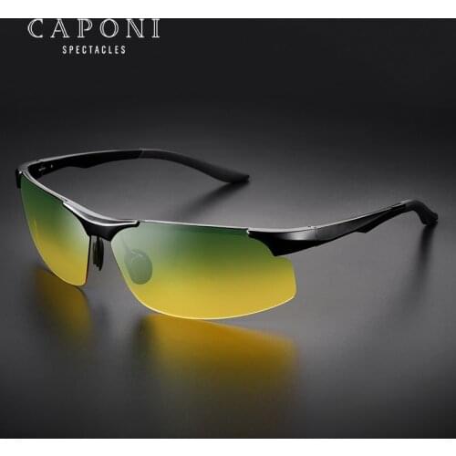 CAPONI Day And Night Sunglasses For Men Driving Classic Sports Green Yellow Sun Glasses UV400 Protection Aluminum Shades RY8033