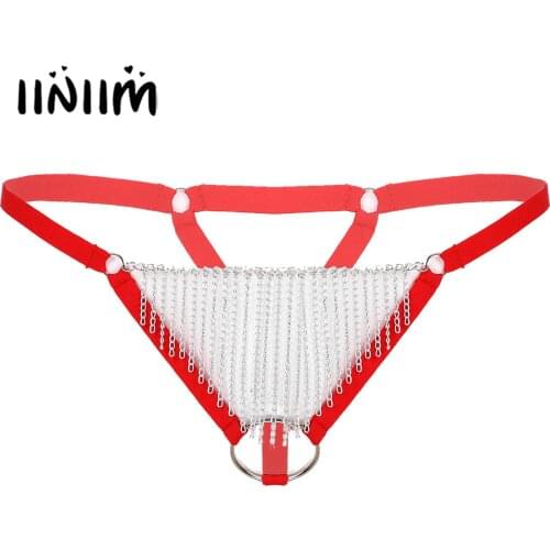 Mens Lingerie Metal Chain Tassel Crotchless/Lace Bulge Pouch Thongs Low Rise Elastic Waistband T-back Fringed G-string Underwear