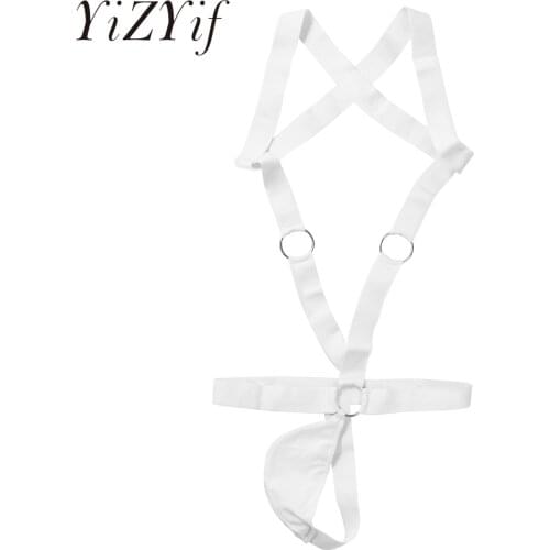 Gay Male O Ring Connected Elastic Band Body Shoulder Chest Harness Belt Mens Lingerie Hollow Out Bulge Pouch One-piece Bodysuit