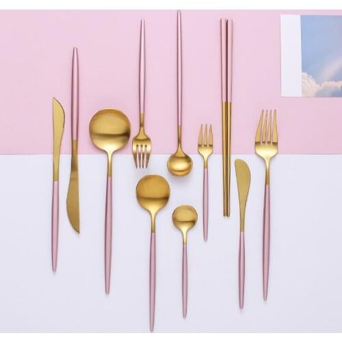 304 Stainless Steel Pink Gold Cutlery Set Dinnerware Dinner Knife Spoon Fork Chopsticks Dessert Tea Spoon Tableware Silverware
