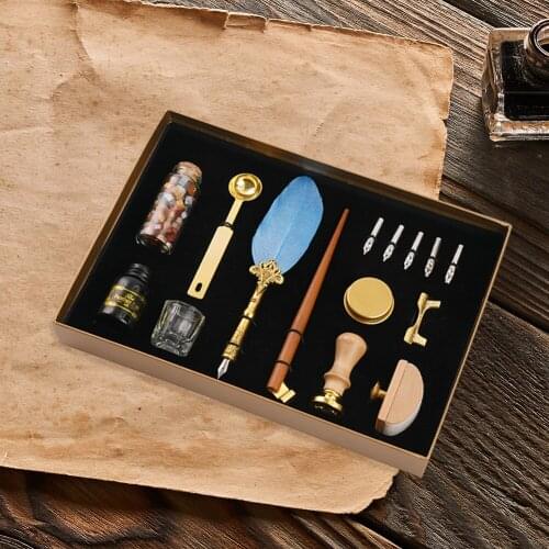 Vintage Fountain Pen Set Wax Seal Stamp Notebook Empty Ink Bottle Calligraphy Feather Writing Dip Pen Birthday Gift Box Decor