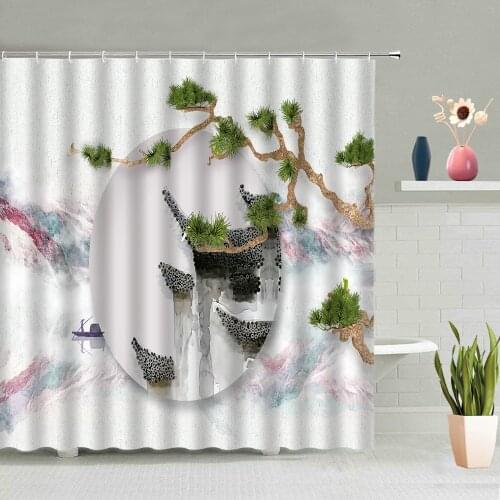 Chinese Style Shower Curtain Set Ink Painting Mountain Flowers Plants Bird Landscape Bathroom Bathtub Decor Screens Wall Cloth