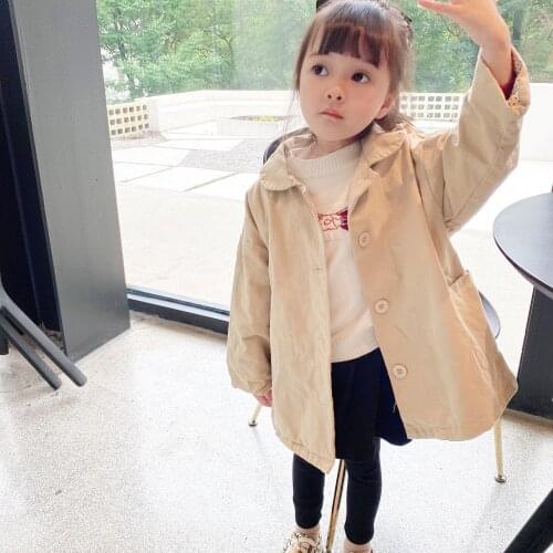 2020 New for Autumn and Winter Childrens Korean Girls' Pockets Doll Collar Long Trench Coat Floral Print