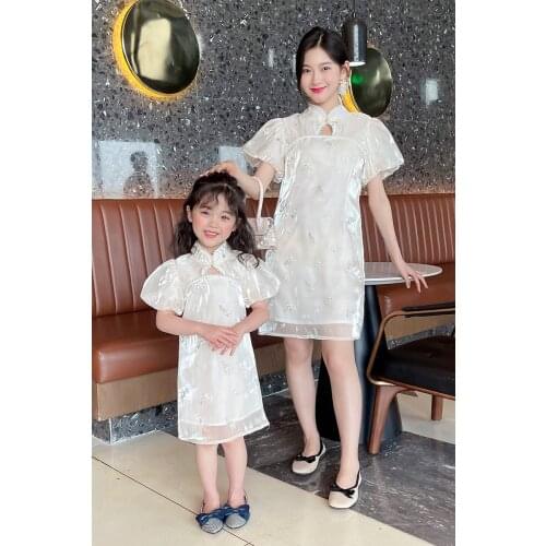 Parent-child Dress for Party China Style Dresses for Mum and Me Embroidery Dresses for Girls and Lady Family Matching Clothes
