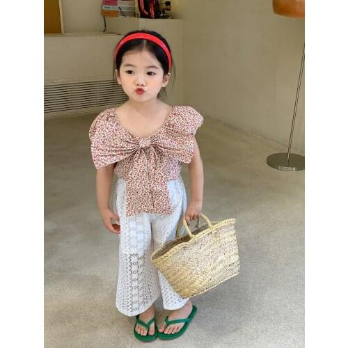 2021 Girls Summer Big Bow Floral Tops Shirts+lace Pants Clothing ,kids Elegant Fashion Birthday Wear Children Clothes Sets
