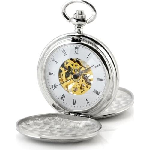 Silver Polished Skeleton Bronze Automatic Mechanical Pocket Watch Men Vintage Hand Wind Clock Necklace Pocket & Fob Watches Saat