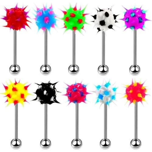 10pcs Tongue Ring Barbell Stud Fashion Women Men Body Piercing Jewelry Colorful Rock Personality Rubber Stainless Barbell 14G
