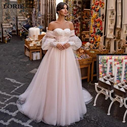 LORIE Princess Wedding Dresses Puff Sleeve Appliques Lace Appliques Off Shoulder Tulle Boho Bride Gown 2021 vestidos de novia