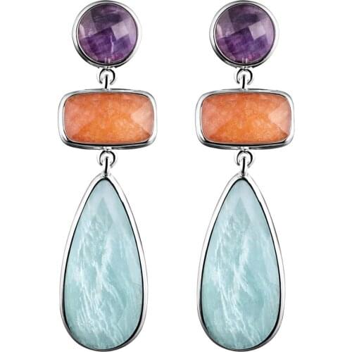DORMITH real 925 sterling silver earrings natural purple fluorite red aventurine amazonite drop earrings for women fine jewelry