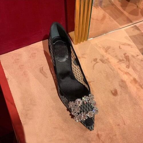 Rhinestone Pumps Women Luxury High Heels Shoes Woman Mesh Shallow Buty Damskie Sexy Party Ladies Shoes Fashion Zapatos De Mujer