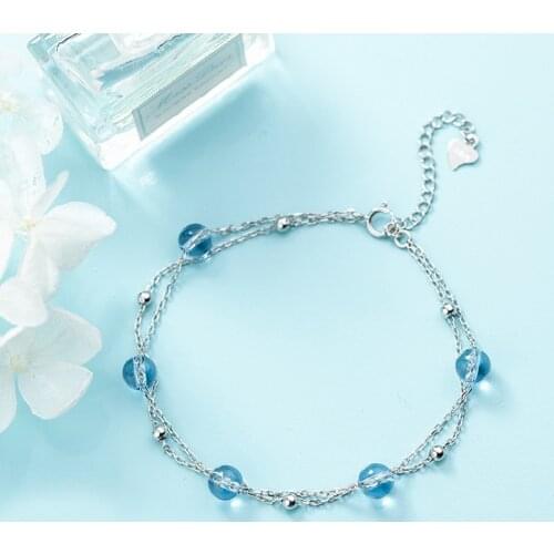 MloveAcc 100% Real 925 Sterling Silver Women Bracelets Double Layer Blue Crystal Bead Wedding Silver Bracelet Jewelry Gifts