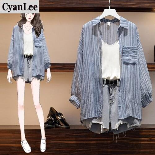 Plus size Women Summer 3 Pieces Set women tank ChiffonTop + Denim shorts set Female Suit Casual Set Women clothing 3 Piece Set