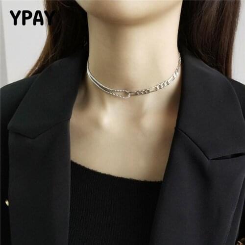 YPAY Authentic 925 Sterling Silver Chain Necklace for Women Tennis Zircon Asymmetry Chokers Necklaces Festival Jewelry YMN156