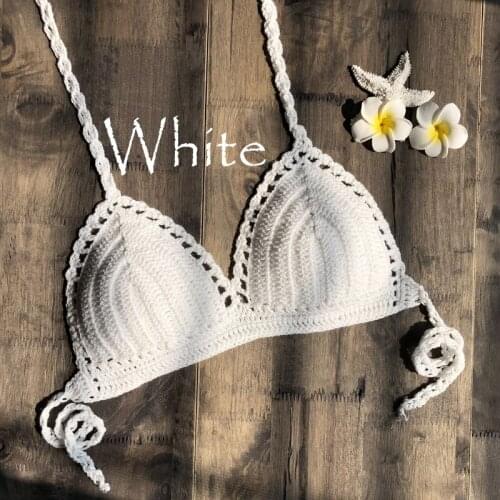 Women Summer Sexy Bikini Backless Crochet Halter Knit Beach Solid Color Micro Hot Female Bra Knitted Bandage Bras Swim Tops