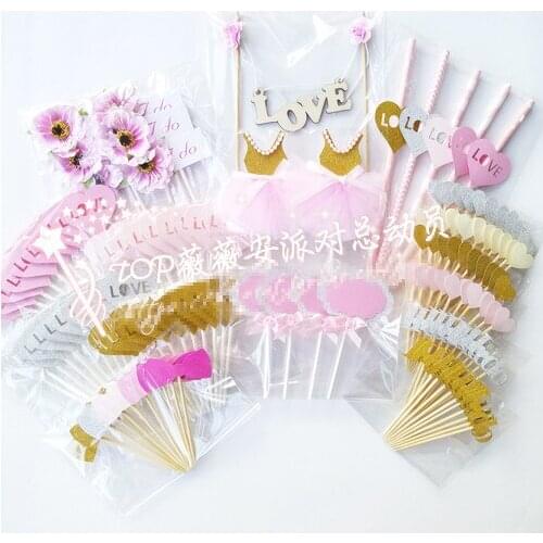 128pc pink flowers love wedding cake toppers paper cards banne, Cupcake Toppers creative wedding dessert table decoration