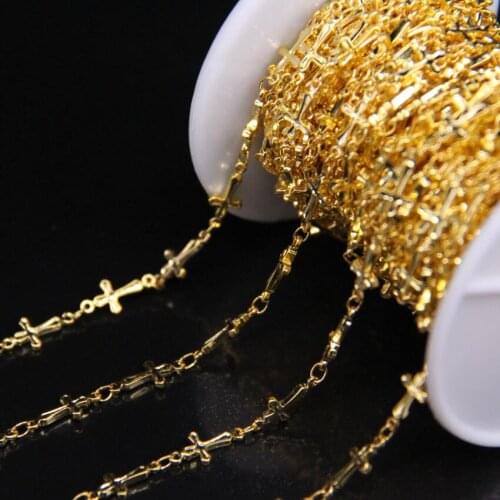 6x8mm,Plating Gold Cross Shape Brass Rosary Chain,Cross Copper Wire Wrapped Link Chain,Fashion Chokers Necklace Woman Jewelry