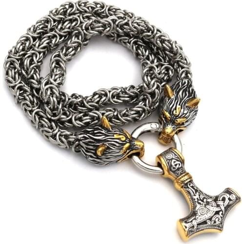 80cm EDC Self defense Gold Nordic Viking Quake Necklace Mens Wolf Pendant Bracelet Outdoor Stainless Steel Handmade Chain