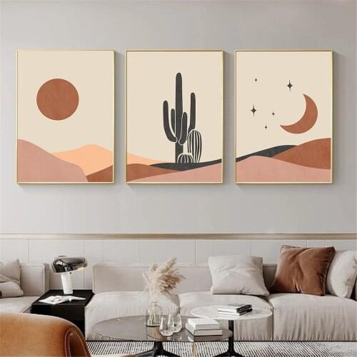 Abstract Sun Moon Star Boho Poster Cactus Art Print Mountain Landscape Canvas Painting Modern Pictures Living Room Home Decor