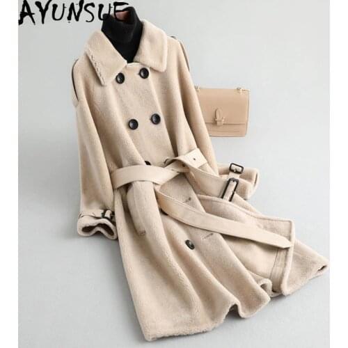 AYUNSUE 2020 Sheep Shearling Real Fur Coat Winter Jacket Women 100% Wool Coat with Sheepskin Leather Belt Korean Jackets MY4250