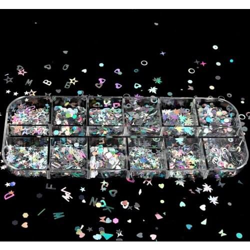 12 Grid Nail Art Glitter Sequins Holographic Glitter For Manicure Tips Laser Silver Mix Shape Chameleon Flakes Nail Decorations