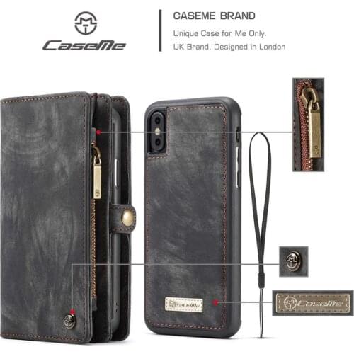 CaseMe For Apple iPhone XS Max XR XS Retro Genuine Leather Magnetic Removeable Wallet Case For iPhone 8 7 6 6S Plus
