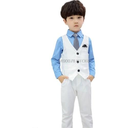 Flower Boy White Formal Suit Kids Wedding Tuxedo Dress Vest Shirt Pants Tie 4Pcs Clothing Set Children Performance Party Costume