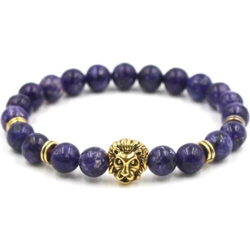8mm hth2 elastic adjusted Macrame Charm nature lapis lazuli Lion head Charm Bracelet Jewelry