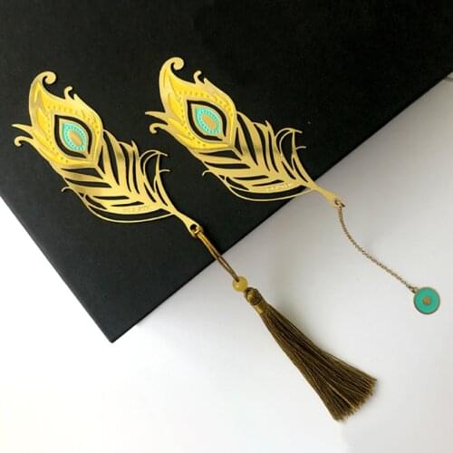 Kawaii Peacock Feather Pendant Bookmark Cute Tassel Metal Pattern Book Mark Page Folder Decor Office School Supplies Stationery