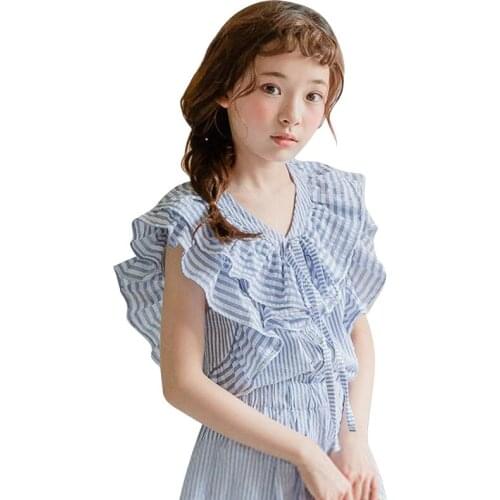 Fashion Girls Set 2020 Korean Summer Blue Stripe Cotton Girls Suit Ruffle Style Tops + Wide Leg Shorts Simple And Comfortable