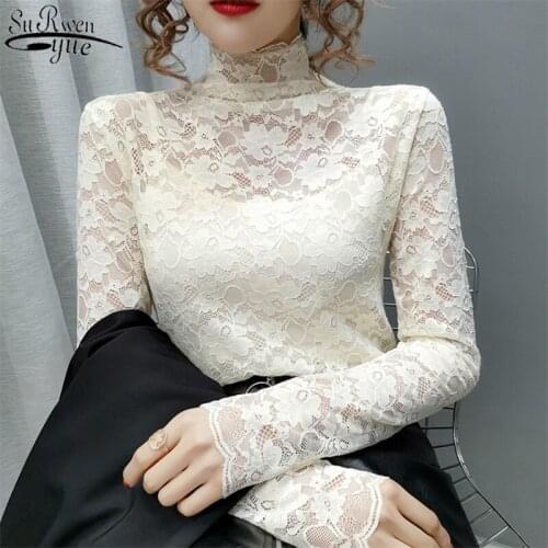 Fashion Women Blouses Sexy Lace Tops 2021 Autumn Long Sleeve Hollow Out Womans Shirts Slim Lady Clothing Korean Style 10812