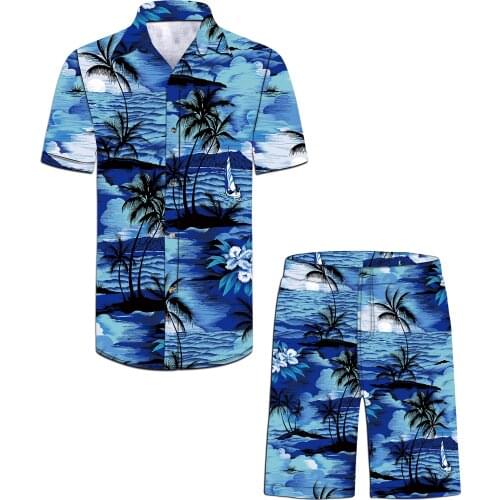 Factory Custom Logo Classic Fit Tropical Blue Print Mens Custom Hawaiian Shirt Short Custom