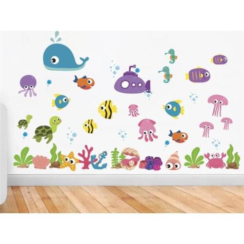 Whale Fish Sealife Wall Stickers For Kids Room Bathroom Glass Decoration Cartoon Animal Sea World Mural Art Diy Pvc Home Decal