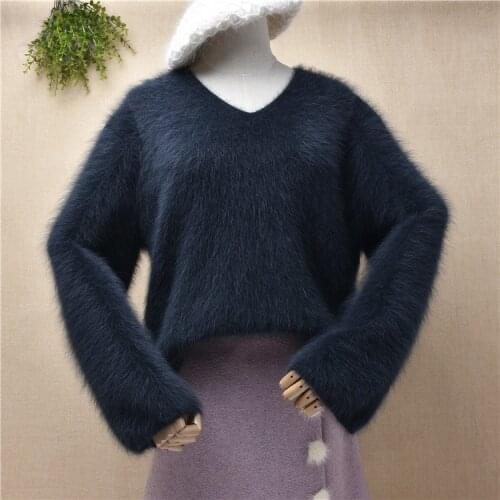 Ladies women fashion hairy mink cashmere knitted long sleeves loose pullover angora rabbit fur jumper winter sweater pull tops