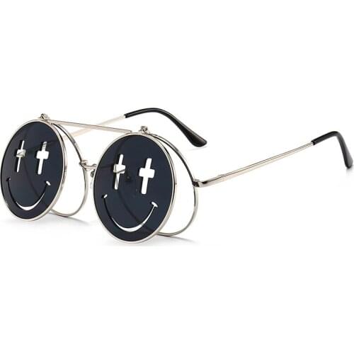 Designer luxury punk flip up sunglasses round female smile retro clear color red men vintage sun glasses for women mirror lens